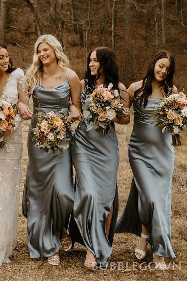 Simple Grey Satin Spaghetti Straps Mermaid Long Bridesmaid Dresses , BGB0008