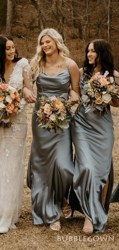 Simple Grey Satin Spaghetti Straps Mermaid Long Bridesmaid Dresses , BGB0008