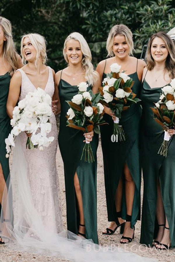 Dark Green Satin Spaghetti Straps Mermaid Long Bridesmaid Dresses , BGB0010