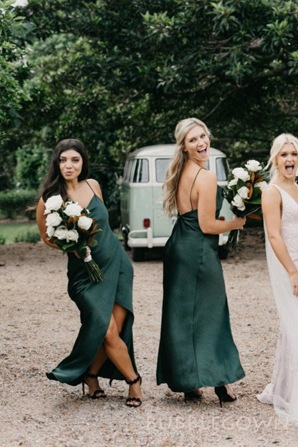 Dark Green Satin Spaghetti Straps Mermaid Long Bridesmaid Dresses , BGB0010