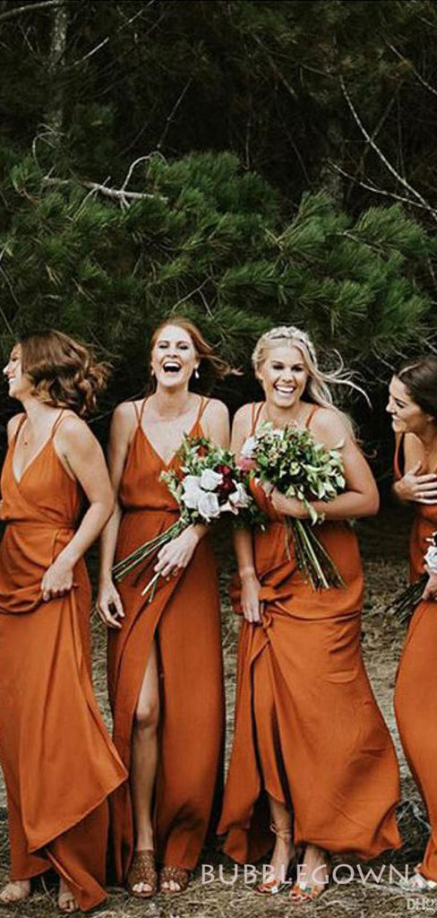 Burnt Orange Spaghetti Straps Side Slit Cheap Long Bridesmaid Dresses , BGB0011