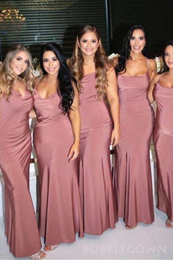 Spaghetti Straps Satin Mermaid Cheap Long Bridesmaid Dresses , BGB0016