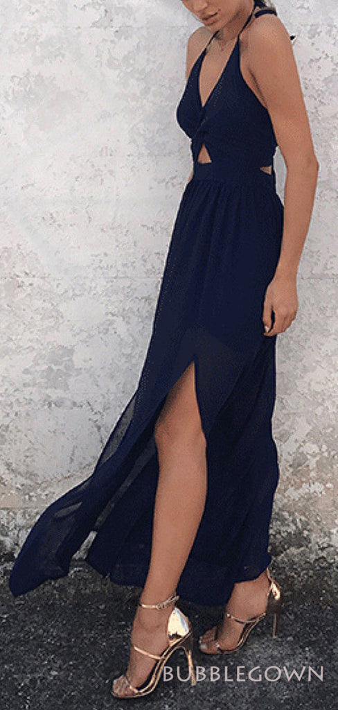 Sexy Navy Blue Chiffon A-line Cheap Long Bridesmaid Dresses , simple prom dresses, BGB0020