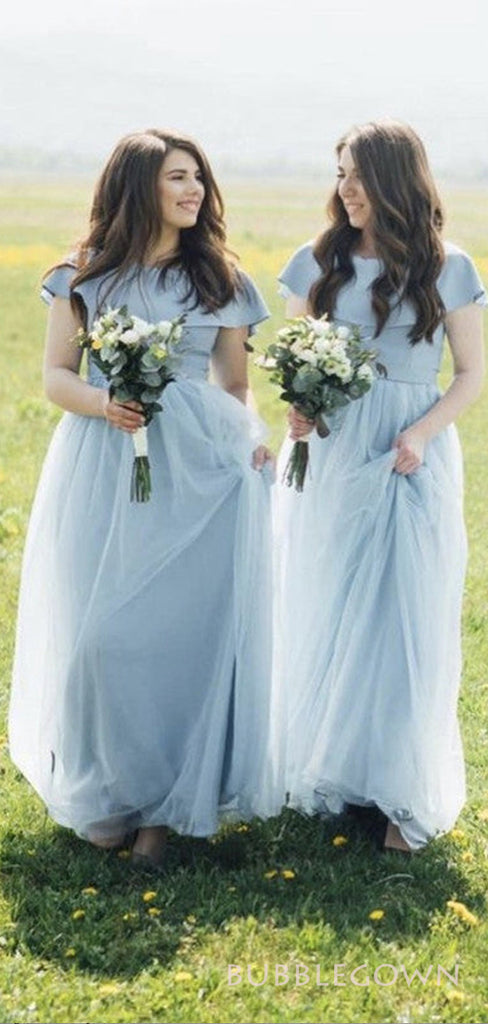 Dusty Blue Tulle A-line Long Custom Bridesmaid Dresses , BGB0027