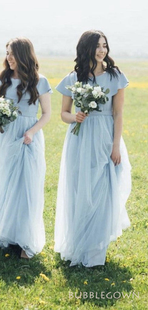 Dusty Blue Tulle A-line Long Custom Bridesmaid Dresses , BGB0027