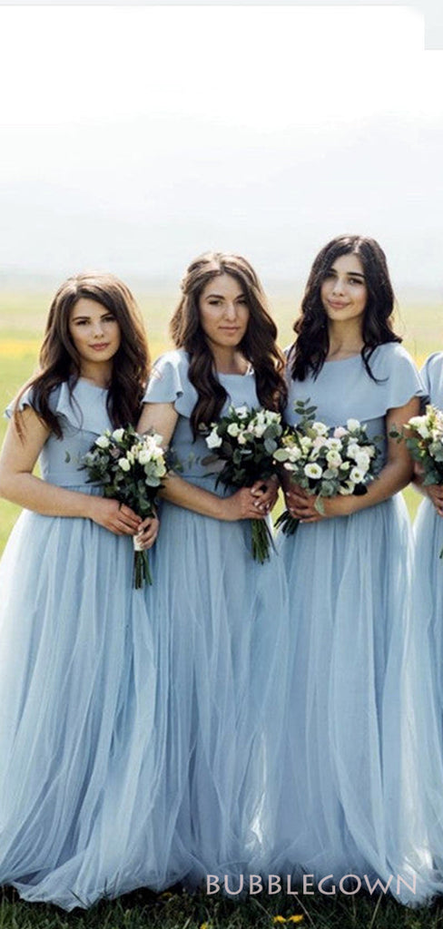 Dusty Blue Tulle A-line Long Custom Bridesmaid Dresses , BGB0027