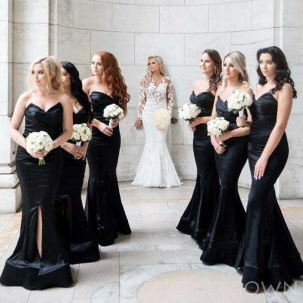 Sweetheart Black Satin Mermaid Strapless Long Custom Bridesmaid Dresses , BGB0029