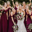 Off Shoulder Burgundy Chiffon A-line Cheap Long Custom Bridesmaid Dresses , BGB0034