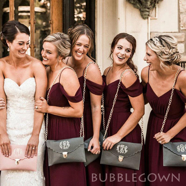 Off Shoulder Burgundy Chiffon A-line Cheap Long Custom Bridesmaid Dresses , BGB0034