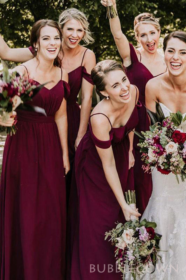 Off Shoulder Burgundy Chiffon A-line Cheap Long Custom Bridesmaid Dresses , BGB0034