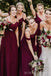 Off Shoulder Burgundy Chiffon A-line Cheap Long Custom Bridesmaid Dresses , BGB0034