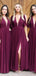 Deep V-neck A-line Chiffon Side Slit Cheap Long Custom Bridesmaid Dresses , BGB0048