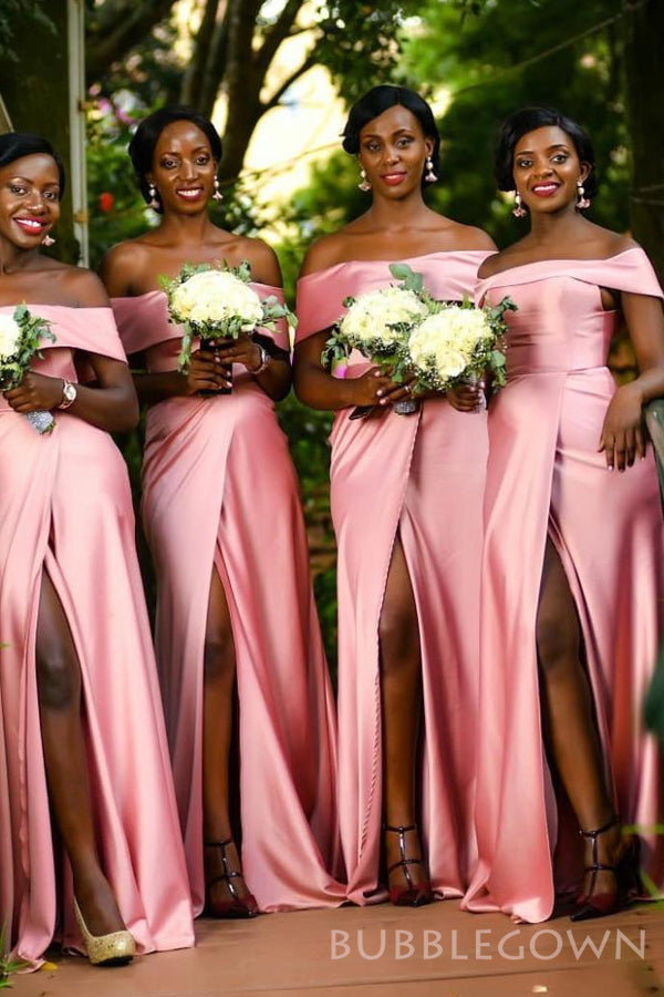 Pink Satin Mermaid Off Shoulder Long Custom Side Slit Bridesmaid Dresses, BGB0079