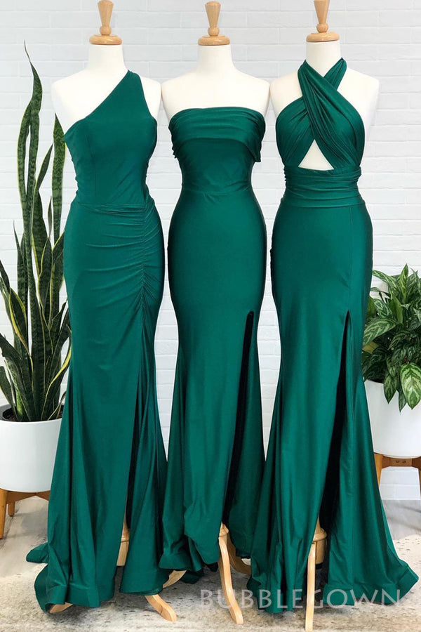 Mismatched Dark Green Satin Mermaid Long Custom Side Slit Bridesmaid Dresses, BGB0089