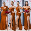 Burnt Orange Satin Mismatched Mermaid Side Slit Long Custom Bridesmaid Dresses, BGB0093