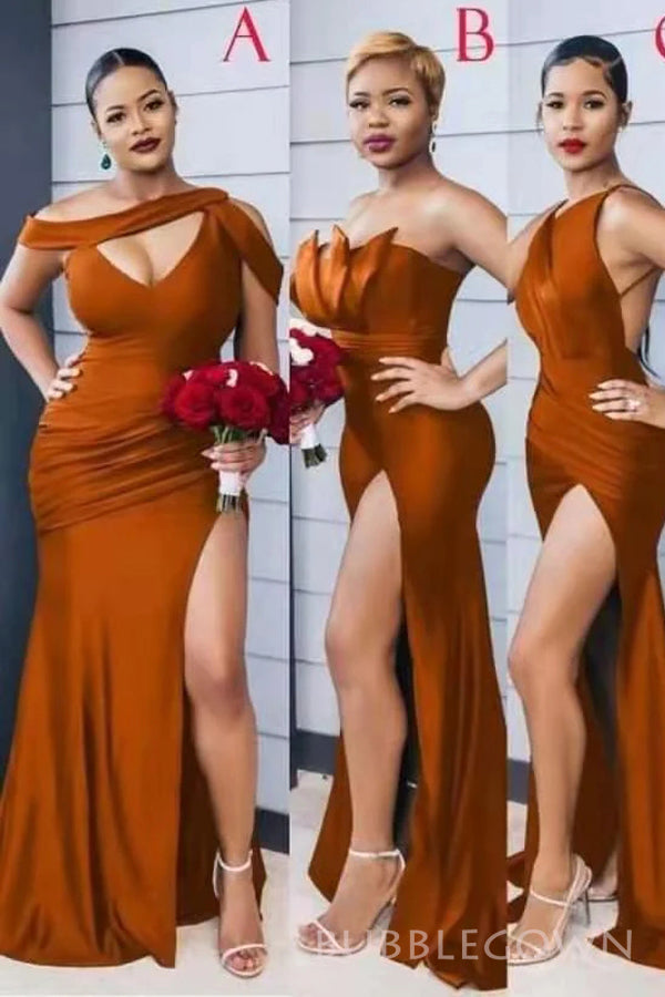 Burnt Orange Satin Mismatched Mermaid Side Slit Long Custom Bridesmaid Dresses, BGB0093