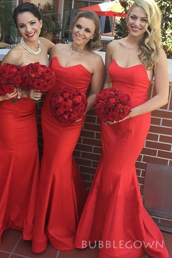 Mermaid Red Satin Strapless Long Custom Bridesmaid Dresses, BGB0094