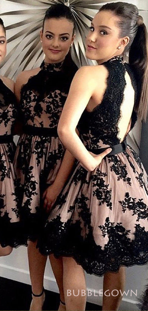 Mismatched Black Tulle Appliques Cheap Long Custom Halter Bridesmaid Dresses, BGB0097