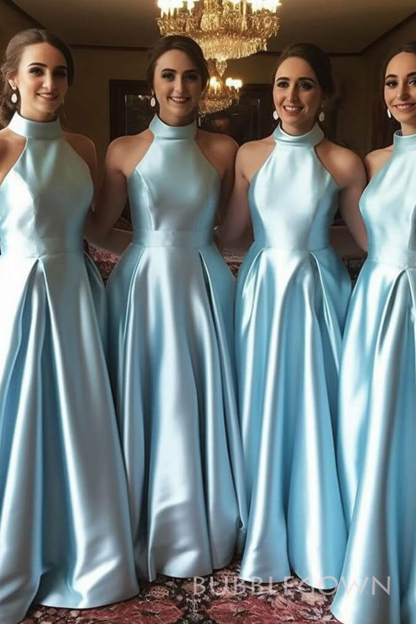 A-line Sky Blue Satin Halter Long Custom Bridesmaid Dresses, BGB0108