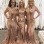 Sparkly Halter Mismatched Gold Sequins Mermaid Long Custom Bridesmaid Dresses, BGB0132