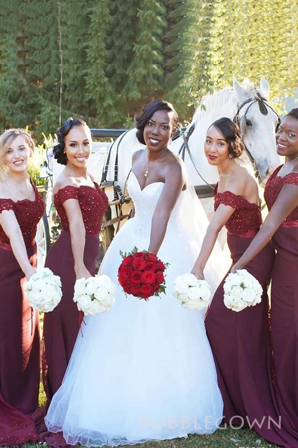 Mermaid Burgundy Off Shoulder Appliques Long Custom Bridesmaid Dresses, BGB0142