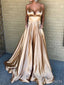 A-line Gold Satin V-neck Long Evening Prom Dresses, Custom Spaghetti Straps  Prom Dresses, BGS0249