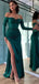 Emerald Green Satin Mermaid Long Sleeves Long Evening Prom Dresses, Custom Off Shoulder Prom Dresses, BGS0252