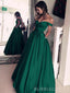 A-line Emerald Green Satin Off Shoulder Long Evening Prom Dresses, Custom Cheap Prom Dresses, BGS0254