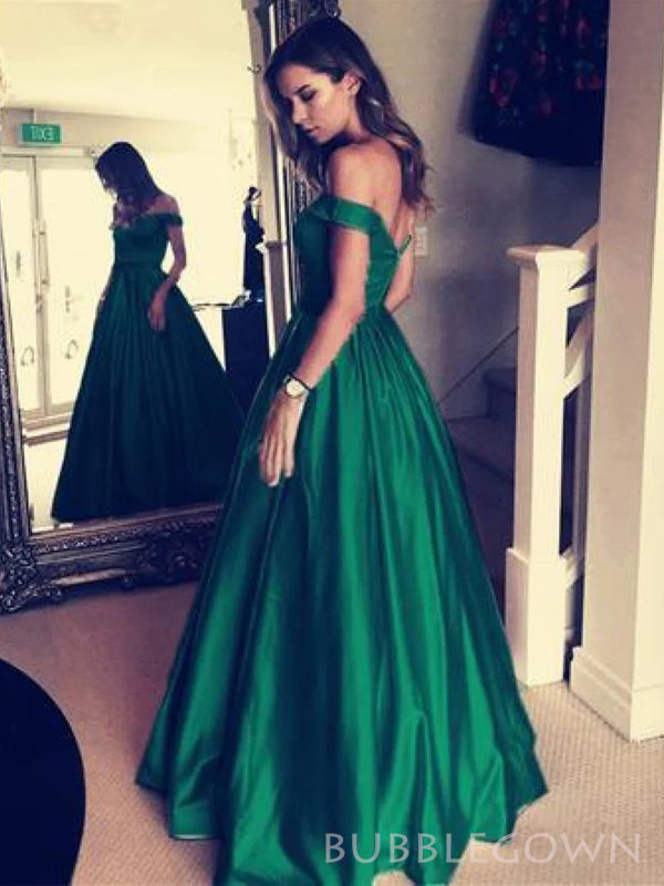 A-line Emerald Green Satin Off Shoulder Long Evening Prom Dresses, Custom Cheap Prom Dresses, BGS0254