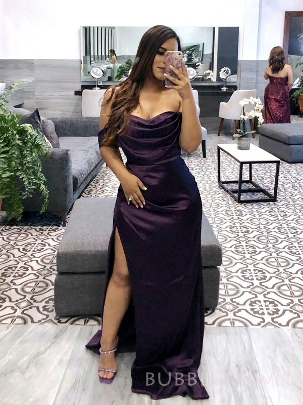 Mermaid Off Shoulder Mermaid Long Evening Prom Dresses, Custom Purple Satin Prom Dresses, BGS0257