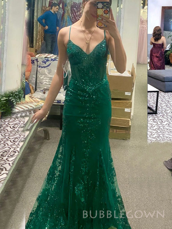 A-line Emerald Green Tulle Appliques Long Evening Prom Dresses, Custom Sparkly Prom Dresses, BGS0258