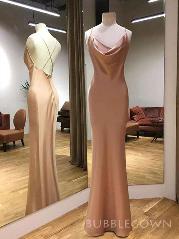 Cowl-neck Rose Gold Satin Mermaid Long Evening Prom Dresses, Custom Spaghetti Straps Prom Dresses, BGS0261