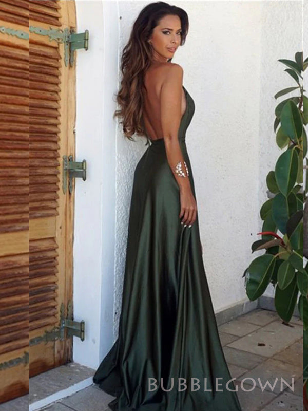 Deep V-neck Clover Satin Side Slit Long Evening Prom Dresses, Custom Spaghetti Straps Prom Dresses, BGS0262