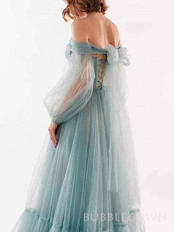 Off Shoulder Dusty Blue Tulle Long Evening Prom Dresses, Custom A-line Prom Dresses, BGS0264