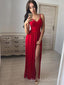 Sexy Red Spaghetti Straps Long Evening Prom Dresses, Custom Side Slit Prom Dresses, BGS0265