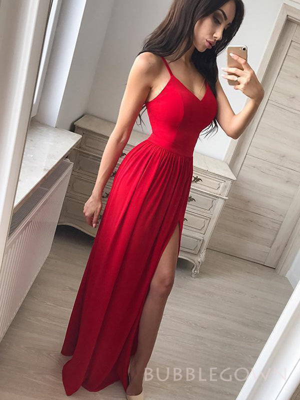 Sexy Red Spaghetti Straps Long Evening Prom Dresses, Custom Side Slit Prom Dresses, BGS0265