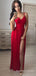 Sexy Red Spaghetti Straps Long Evening Prom Dresses, Custom Side Slit Prom Dresses, BGS0265