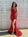 Formal Red Mermaid  Side Slit Long Evening Prom Dresses, Custom Sparkly Prom Dresses, BGS0268