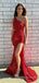 Formal Red Mermaid  Side Slit Long Evening Prom Dresses, Custom Sparkly Prom Dresses, BGS0268