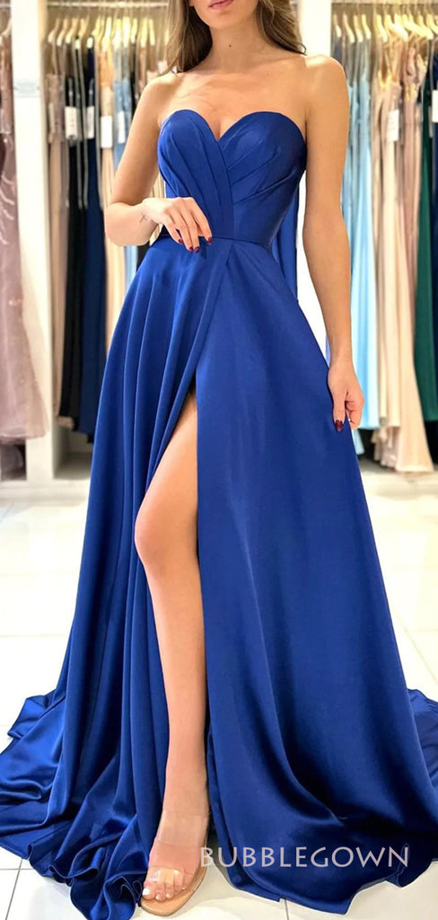 Sweetheart Royal Blue Satin Side Slit Long Evening Prom Dresses, Custom A-line Prom Dresses, BGS0269