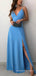 Spaghetti Straps Blue V-neck Long Evening Prom Dresses, Custom Popular Prom Dresses, BGS0271