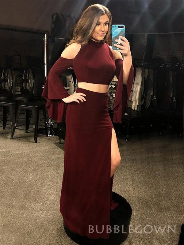 Two Pieces Burgundy Long Sleeves Mermaid Long Evening Prom Dresses, Custom Side Slit Prom Dresses, BGS0272