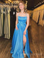 Simple Blue Satin Spaghetti Straps Long Evening Prom Dresses, Custom A-line Prom Dresses, BGS0276