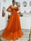 Long Sleeves Orange Tulle Long Evening Prom Dresses, Custom A-line Prom Dresses, BGS0277