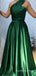 Emerald Satin A-line One Shoulder Long Evening Prom Dresses, Custom Cheap Prom Dresses, BGS0280