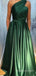 Emerald Satin A-line One Shoulder Long Evening Prom Dresses, Custom Cheap Prom Dresses, BGS0280