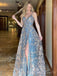 Blue A-line Spaghetti Straps Appliques Long Evening Prom Dresses, V-neck Appliques Prom Dresses, BGS0285