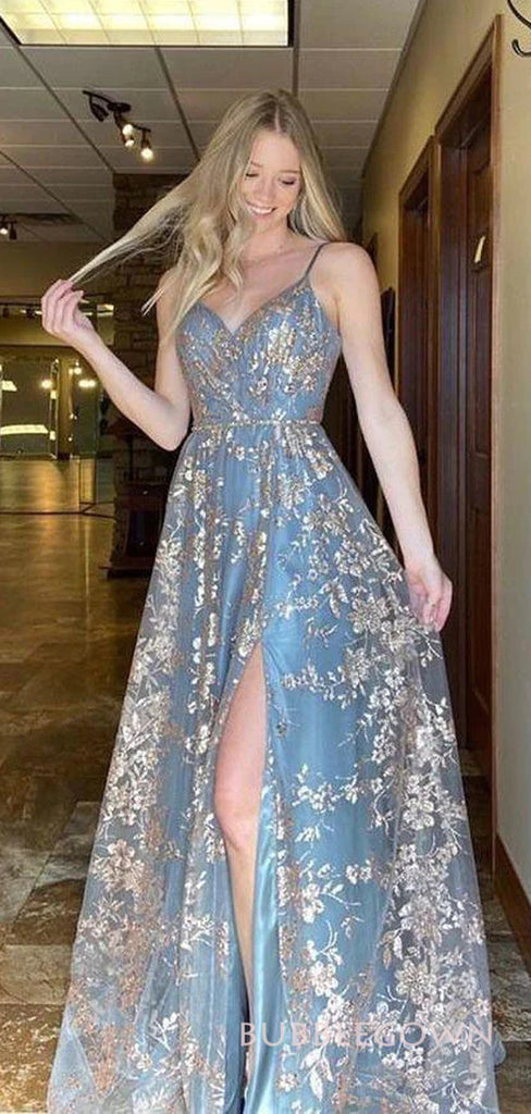 Blue A-line Spaghetti Straps Appliques Long Evening Prom Dresses, V-neck Appliques Prom Dresses, BGS0285