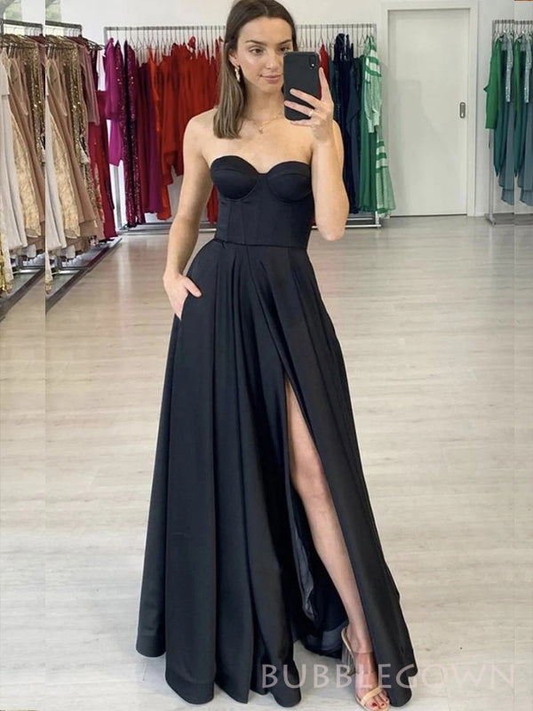 A-line Black Satin Strapless Long Evening Prom Dresses, Sweetheart Prom Dress, BGS0286