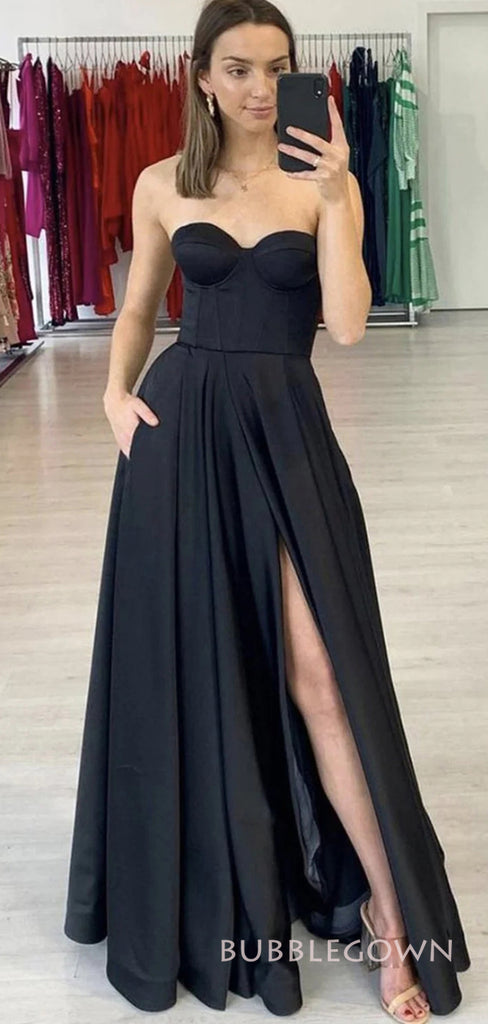 A-line Black Satin Strapless Long Evening Prom Dresses, Sweetheart Prom Dress, BGS0286